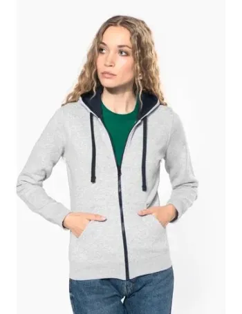 Sweat-shirt zippé capuche contrastée femme