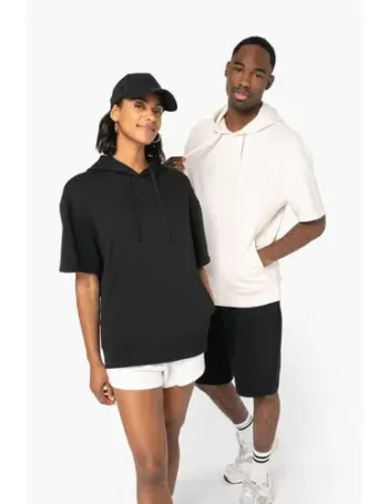 Sweat-shirt écoresponsable à capuche à épaules tombantes manches courtes French Terry unisexe