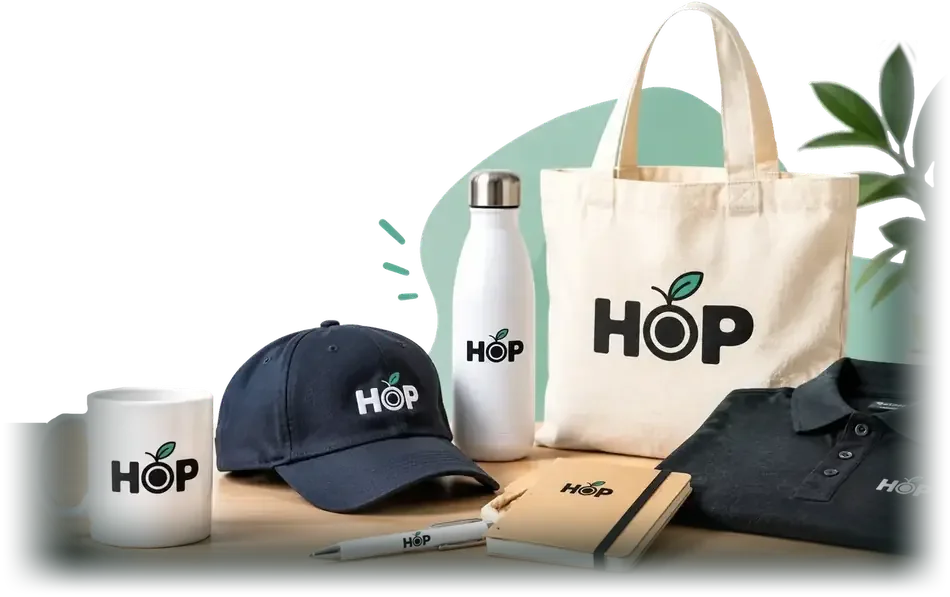 Objets publicitaires personnalisés HOP : mug, casquette, gourde, tote bag, carnet, stylo et polo marqués au logo