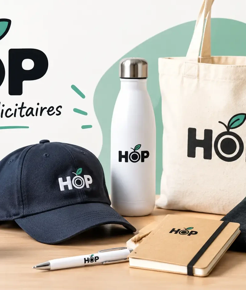 Goodies personnalisés au logo HOP : casquette, gourde, tote bag et carnet