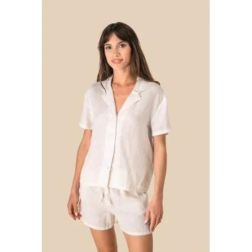 Chemise à col bowling manches courtes en lin femme