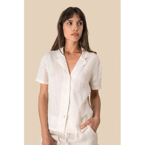 Chemise à col bowling manches courtes en lin femme